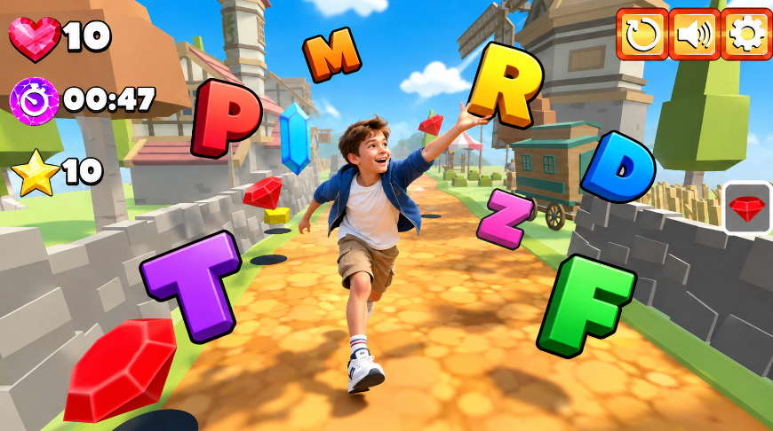 ABC Spelling Runner gameplay: a child running and collecting colorful letters spelling STAR
