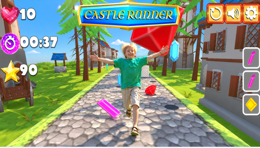 Castle Runner gameplay: a child running through a castle village collecting gems